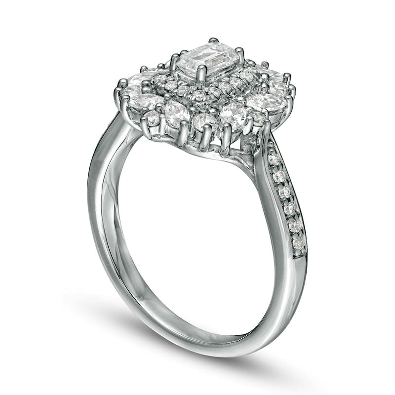 1.0 CT. T. W. Emerald-Cut Natural Diamond Flower Frame Engagement Ring in Solid 14K White Gold