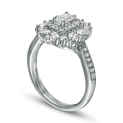 1.0 CT. T. W. Emerald-Cut Natural Diamond Flower Frame Engagement Ring in Solid 14K White Gold