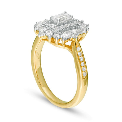 1.0 CT. T. W. Emerald-Cut Natural Diamond Flower Frame Engagement Ring in Solid 14K Gold