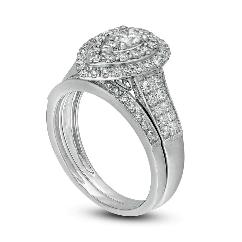 1.0 CT. T.W. Natural Diamond Double Pear-Shaped Frame Antique Vintage-Style Bridal Engagement Ring Set in Solid 14K White Gold
