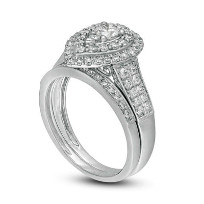 1.0 CT. T.W. Natural Diamond Double Pear-Shaped Frame Antique Vintage-Style Bridal Engagement Ring Set in Solid 14K White Gold