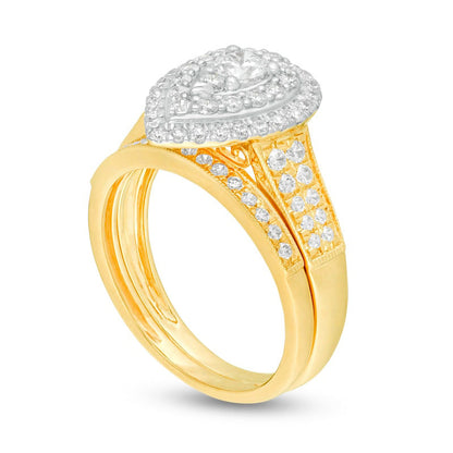 1.0 CT. T.W. Natural Diamond Double Pear-Shaped Frame Antique Vintage-Style Bridal Engagement Ring Set in Solid 14K Gold