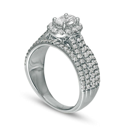 1.5 CT. T.W. Oval Natural Diamond Frame Multi-Row Engagement Ring in Solid 14K White Gold