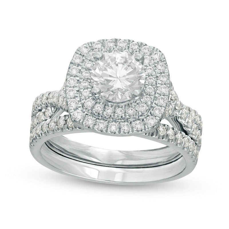 1.63 CT. T.W. Natural Diamond Double Cushion Frame Twist Shank Bridal Engagement Ring Set in Solid 14K White Gold
