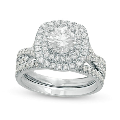 1.63 CT. T.W. Natural Diamond Double Cushion Frame Twist Shank Bridal Engagement Ring Set in Solid 14K White Gold