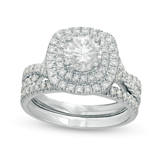 1.63 CT. T.W. Natural Diamond Double Cushion Frame Twist Shank Bridal Engagement Ring Set in Solid 14K White Gold
