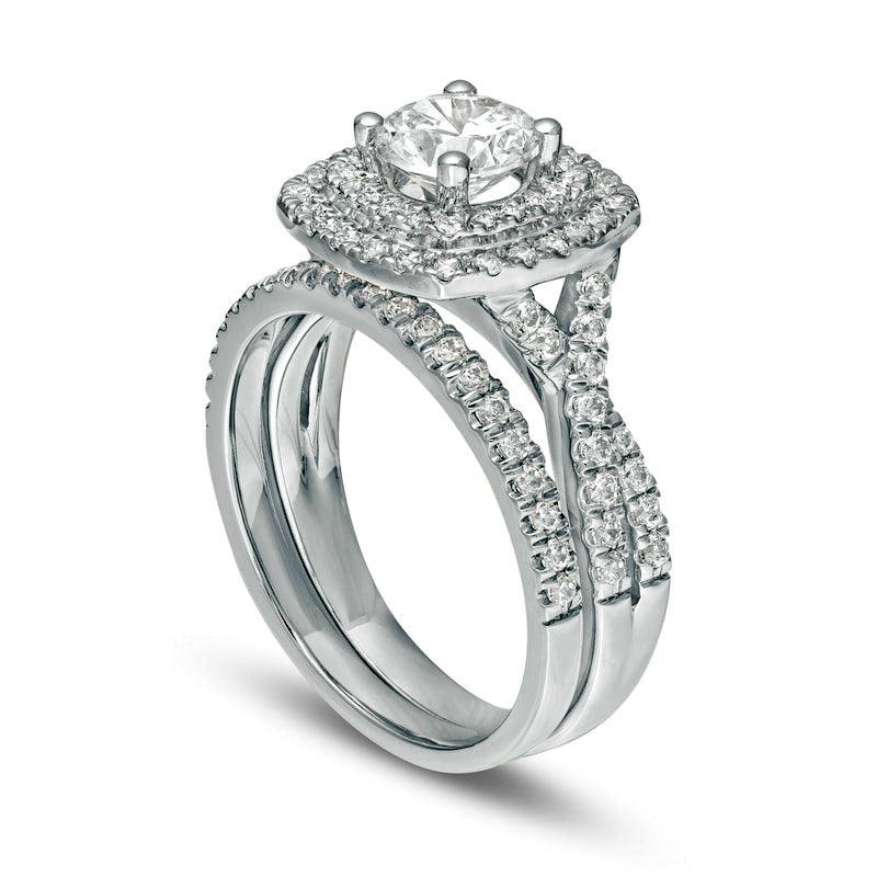 1.63 CT. T.W. Natural Diamond Double Cushion Frame Twist Shank Bridal Engagement Ring Set in Solid 14K White Gold