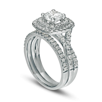 1.63 CT. T.W. Natural Diamond Double Cushion Frame Twist Shank Bridal Engagement Ring Set in Solid 14K White Gold