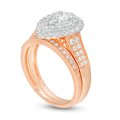 1.0 CT. T.W. Natural Diamond Double Pear-Shaped Frame Antique Vintage-Style Bridal Engagement Ring Set in Solid 14K Rose Gold