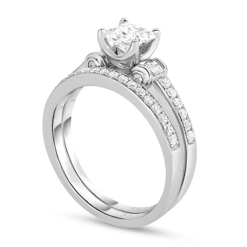 1.38 CT. T.W. Princess-Cut Natural Diamond Collar Bridal Engagement Ring Set in Solid 14K White Gold