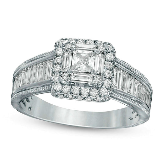 1.5 CT. T.W. Princess-Cut and Baguette Natural Diamond Cushion Frame Engagement Ring in Solid 14K White Gold