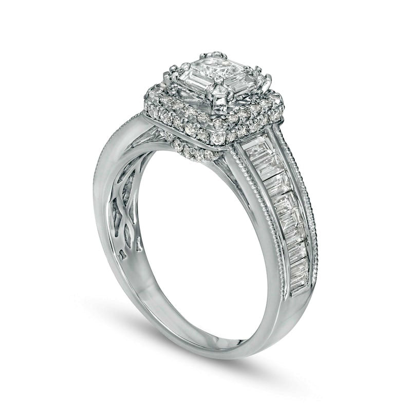 1.5 CT. T.W. Princess-Cut and Baguette Natural Diamond Cushion Frame Engagement Ring in Solid 14K White Gold