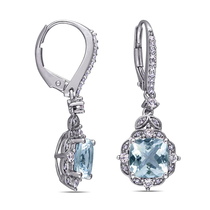 Cushion-Cut Aquamarine, White Sapphire and 0.17 CT. T.W. Diamond Floral Vintage-Style Drop Earrings in 14K White Gold