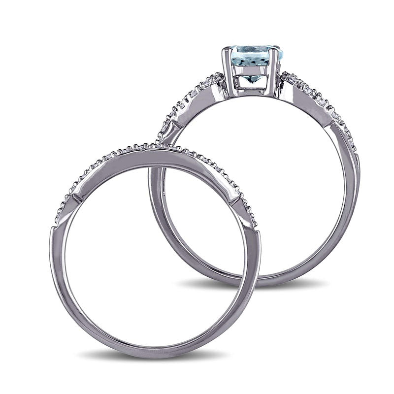 6.0mm Aquamarine and 0.17 CT. T.W. Natural Diamond Infinity Shank Bridal Engagement Ring Set in Solid 10K White Gold