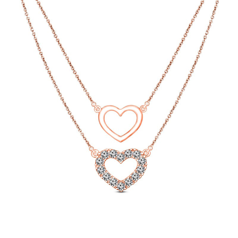 0.2 CT. T.W. Natural Diamond Double Heart Outline Double Strand Layered Necklace in 10K Rose Gold