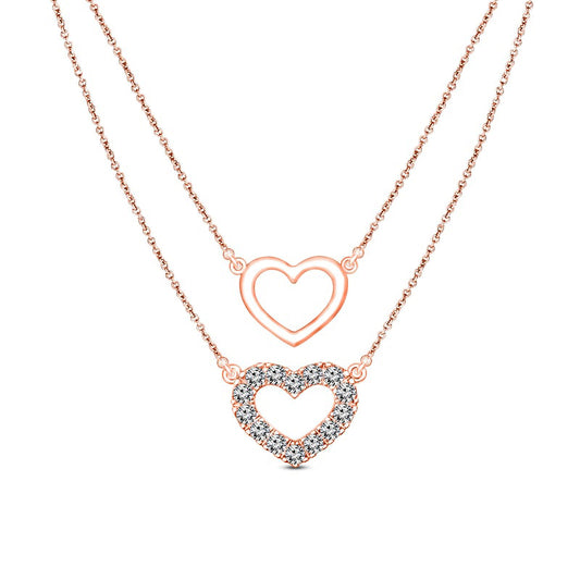 0.2 CT. T.W. Natural Diamond Double Heart Outline Double Strand Layered Necklace in 10K Rose Gold