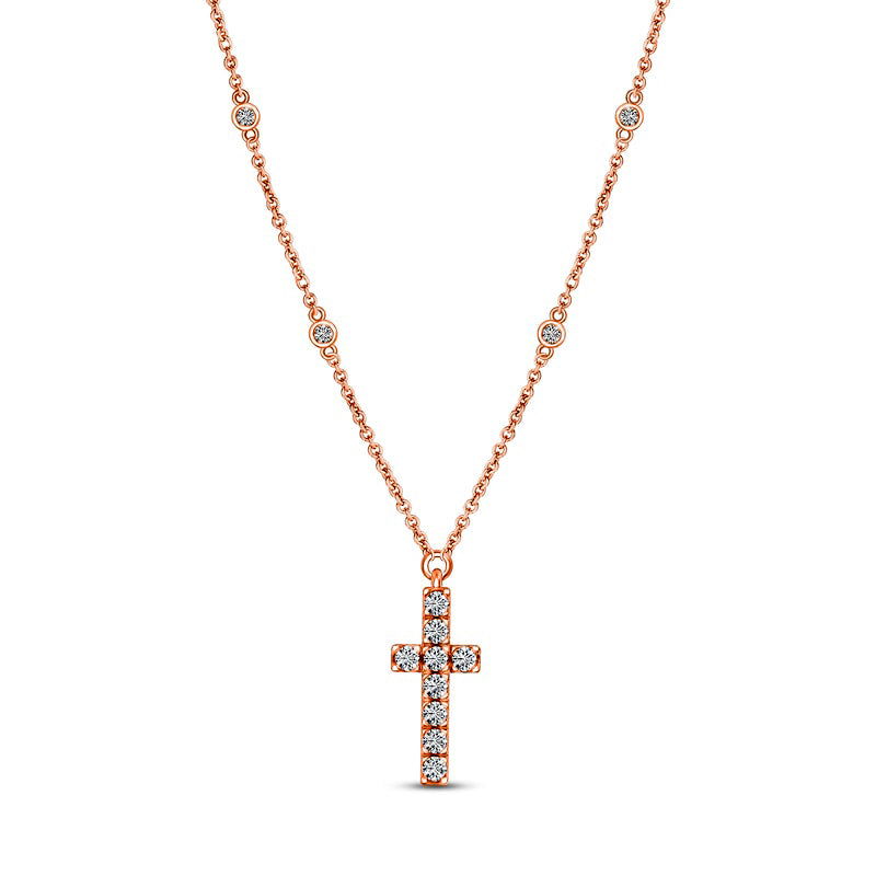 0.2 CT. T.W. Natural Diamond Cross Station Necklace in 10K Rose Gold - 16"