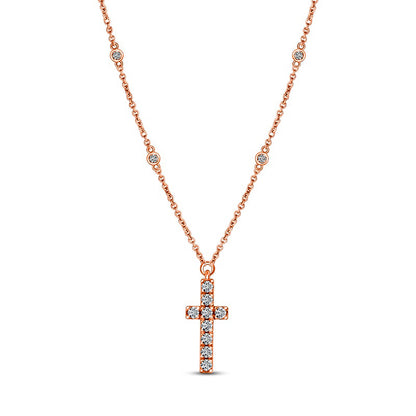 0.2 CT. T.W. Natural Diamond Cross Station Necklace in 10K Rose Gold - 16"