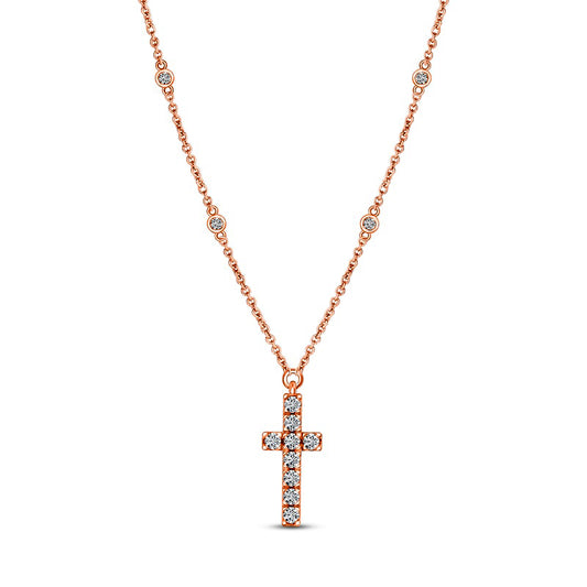 0.2 CT. T.W. Natural Diamond Cross Station Necklace in 10K Rose Gold - 16"