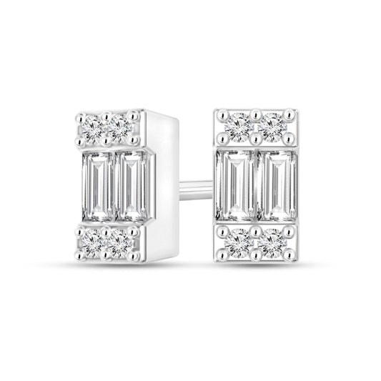 0.2 CT. T.W. Baguette and Round Diamond Rectangle Stud Earrings in 10K White Gold