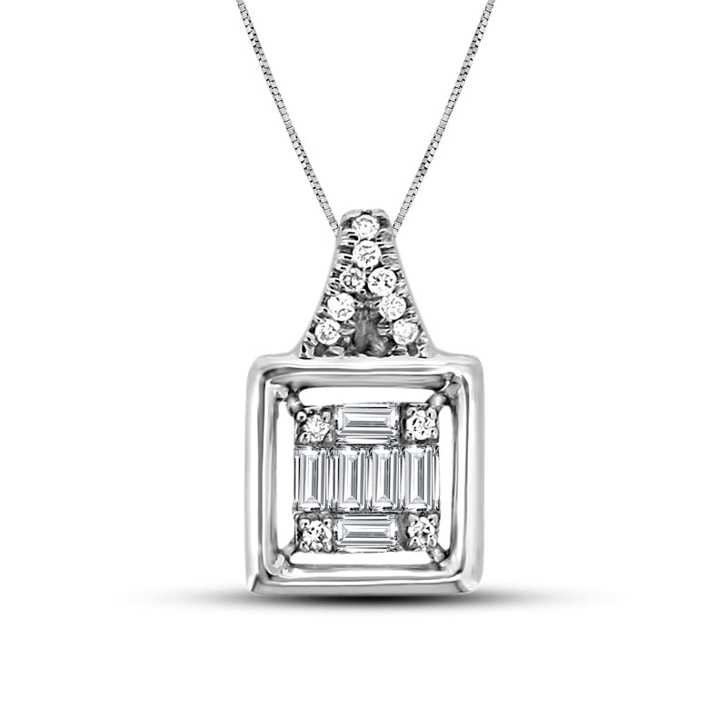 0.2 CT. T.W. Baguette and Round Natural Diamond Square Pendant in 10K White Gold