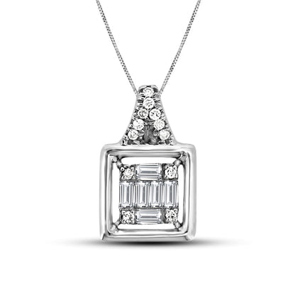 0.2 CT. T.W. Baguette and Round Natural Diamond Square Pendant in 10K White Gold
