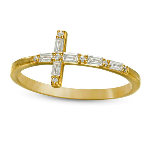 0.17 CT. T.W. Baguette and Round Natural Diamond Sideways Cross Ring in Solid 10K Yellow Gold