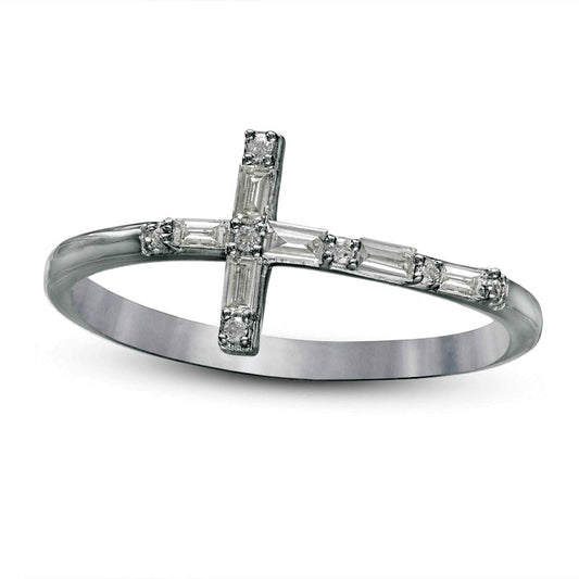 0.17 CT. T.W. Baguette and Round Natural Diamond Sideways Cross Ring in Solid 10K White Gold