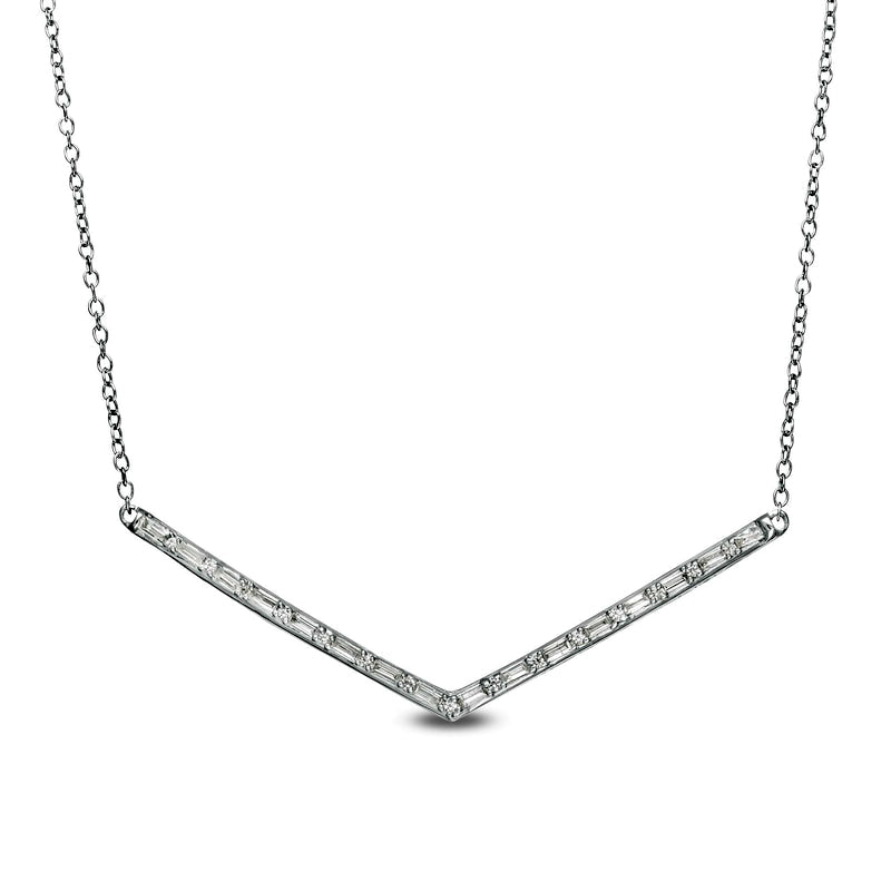 0.25 CT. T.W. Baguette and Round Natural Diamond Chevron Necklace in 10K White Gold
