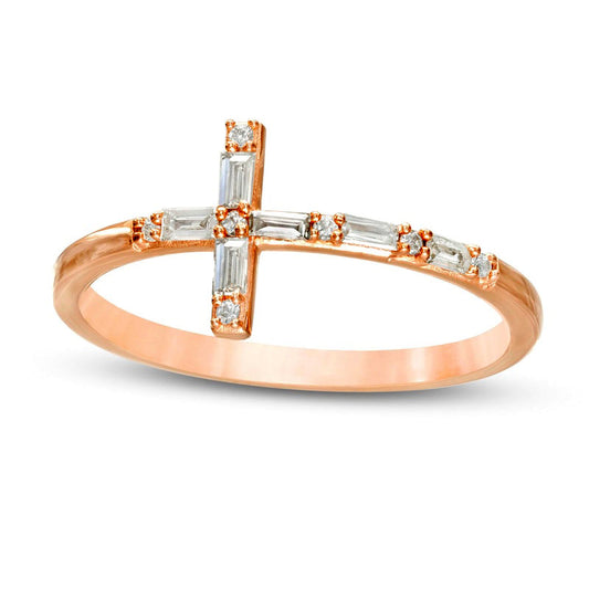 0.17 CT. T.W. Baguette and Round Natural Diamond Sideways Cross Ring in Solid 10K Rose Gold
