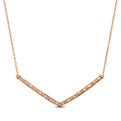 0.25 CT. T.W. Baguette and Round Natural Diamond Chevron Necklace in 10K Rose Gold