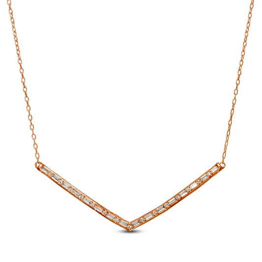0.25 CT. T.W. Baguette and Round Natural Diamond Chevron Necklace in 10K Rose Gold