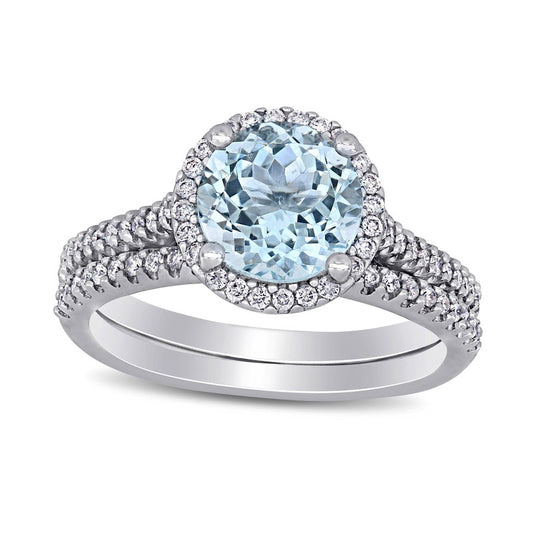 8.0mm Aquamarine and 0.33 CT. T.W. Natural Diamond Frame Bridal Engagement Ring Set in Solid 14K White Gold