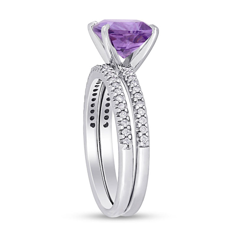 8.0mm Cushion-Cut Amethyst and 0.25 CT. T.W. Natural Diamond Bridal Engagement Ring Set in Solid 14K White Gold