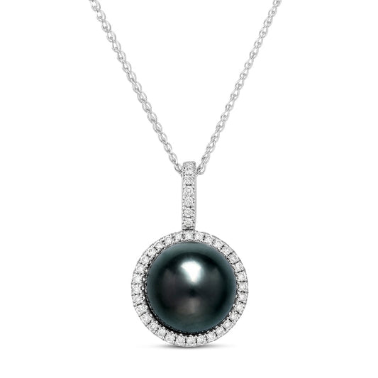 10.5 - 11.0mm Grey Cultured Tahitian Pearl and 0.2 CT. T.W. Natural Diamond Frame Pendant in 14K White Gold