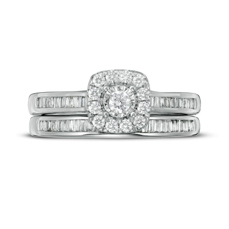 0.50 CT. T.W. Baguette and Round Natural Diamond Cushion Frame Bridal Engagement Ring Set in Solid 10K White Gold