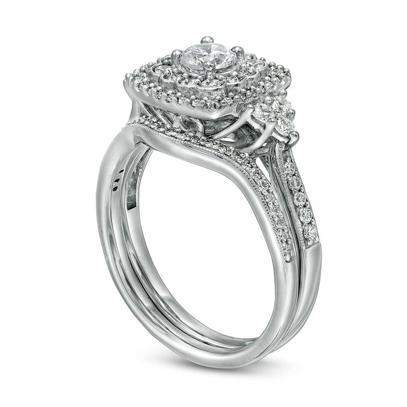 1.0 CT. T.W. Natural Diamond Cushion Frame Tri-Sides Antique Vintage-Style Bridal Engagement Ring Set in Solid 10K White Gold