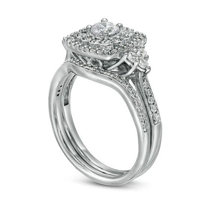 1.0 CT. T.W. Natural Diamond Cushion Frame Tri-Sides Antique Vintage-Style Bridal Engagement Ring Set in Solid 10K White Gold
