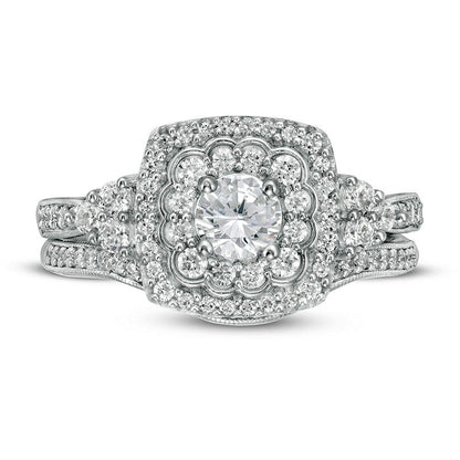 1.0 CT. T.W. Natural Diamond Cushion Frame Tri-Sides Antique Vintage-Style Bridal Engagement Ring Set in Solid 10K White Gold