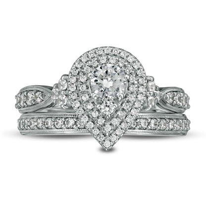 0.88 CT. T.W. Natural Diamond Double Pear-Shaped Frame Antique Vintage-Style Bridal Engagement Ring Set in Solid 10K White Gold