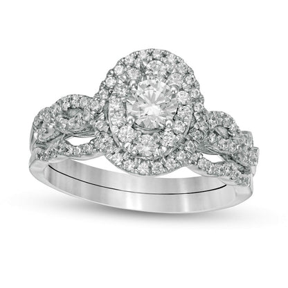 1.0 CT. T.W. Natural Diamond Double Oval Frame Twist Shank Bridal Engagement Ring Set in Solid 10K White Gold
