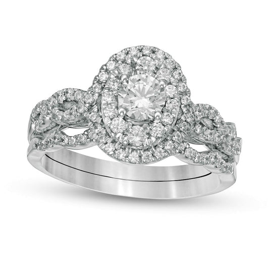 1.0 CT. T.W. Natural Diamond Double Oval Frame Twist Shank Bridal Engagement Ring Set in Solid 10K White Gold