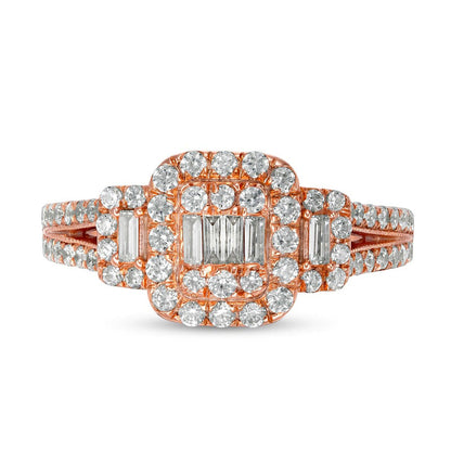 0.88 CT. T.W. Composite Natural Diamond Cushion Frame Engagement Ring in Solid 10K Rose Gold