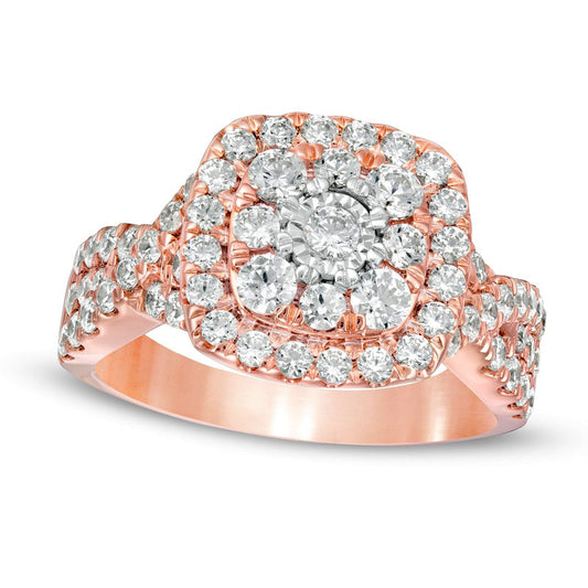 1.63 CT. T.W. Natural Diamond Double Cushion Frame Twist Shank Engagement Ring in Solid 10K Rose Gold