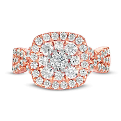 1.63 CT. T.W. Natural Diamond Double Cushion Frame Twist Shank Engagement Ring in Solid 10K Rose Gold