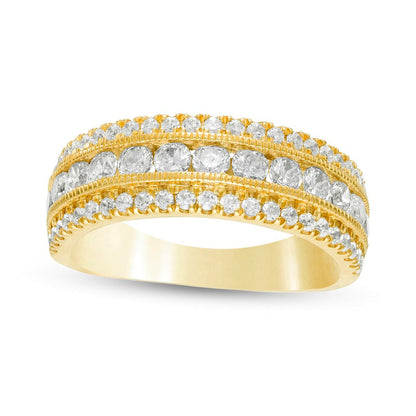 1.33 CT. T.W. Natural Diamond Multi Row Antique Vintage-Style Anniversary Ring in Solid 10K Yellow Gold