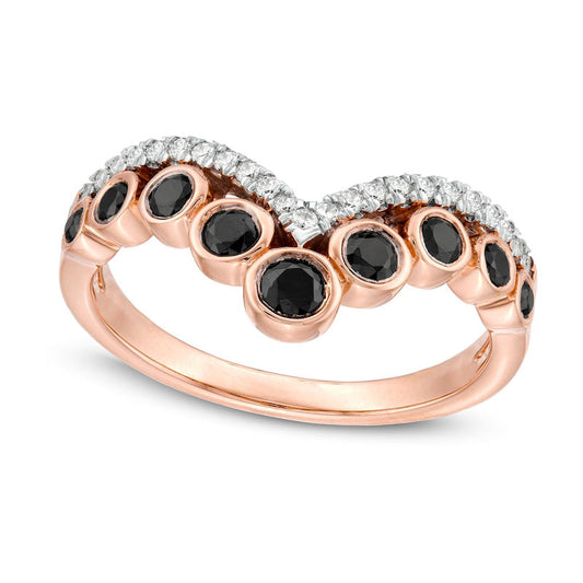 0.50 CT. T.W. Enhanced Black and White Natural Diamond Graduated Double Row Chevron Ring in Solid 10K Rose Gold