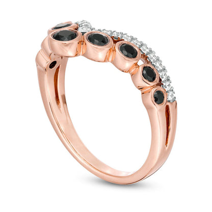 0.50 CT. T.W. Enhanced Black and White Natural Diamond Graduated Double Row Chevron Ring in Solid 10K Rose Gold