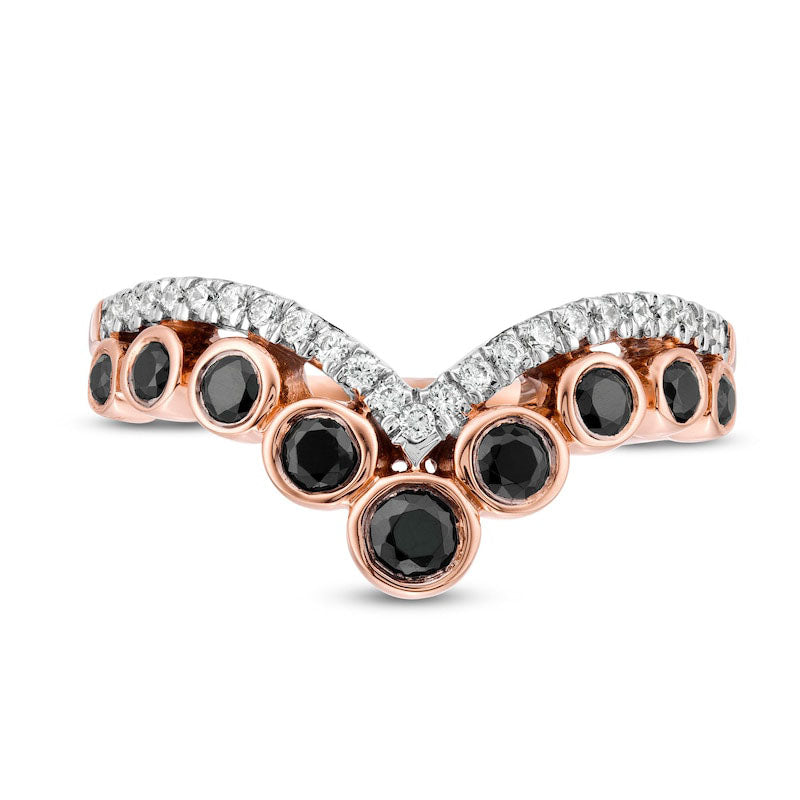 0.50 CT. T.W. Enhanced Black and White Natural Diamond Graduated Double Row Chevron Ring in Solid 10K Rose Gold