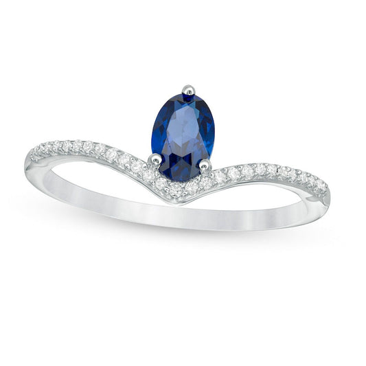 Oval Lab-Created Blue Sapphire and 0.10 CT. T.W. Diamond Chevron Ring in Solid 10K White Gold